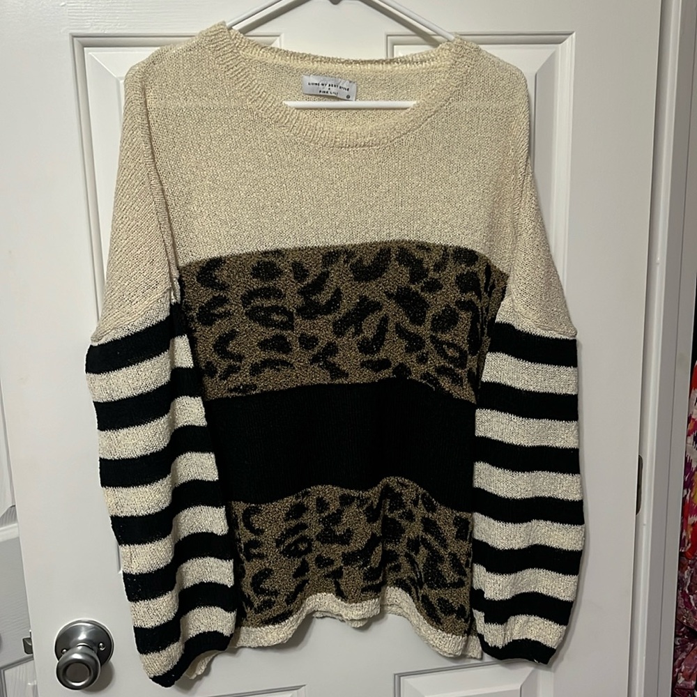 Pink Lilly X living my best style sweater with leopard accents and stripes